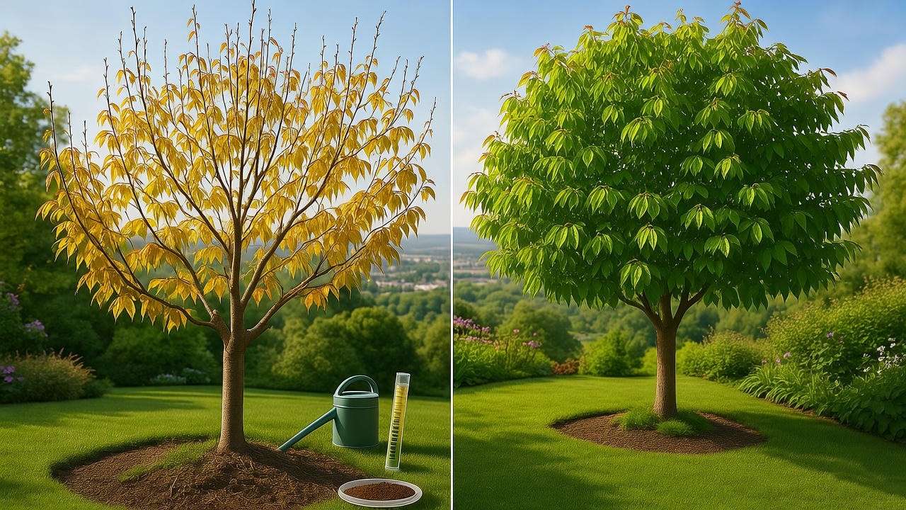 "Cherry wood tree with yellowing leaves and healthy tree with watering can and soil kit".