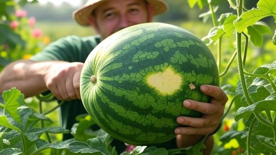 "Gardener harvesting a large ripe watermelon with a creamy yellow ground spot".