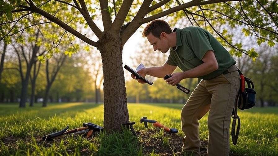"Arborist inspecting a spring tree for health" 