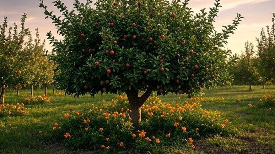 "Mature Anna apple tree orchard with marigolds in a sunny warm climate setting."
