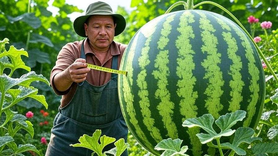 "Gardener measuring a large competition watermelon with tape measure and slings". 