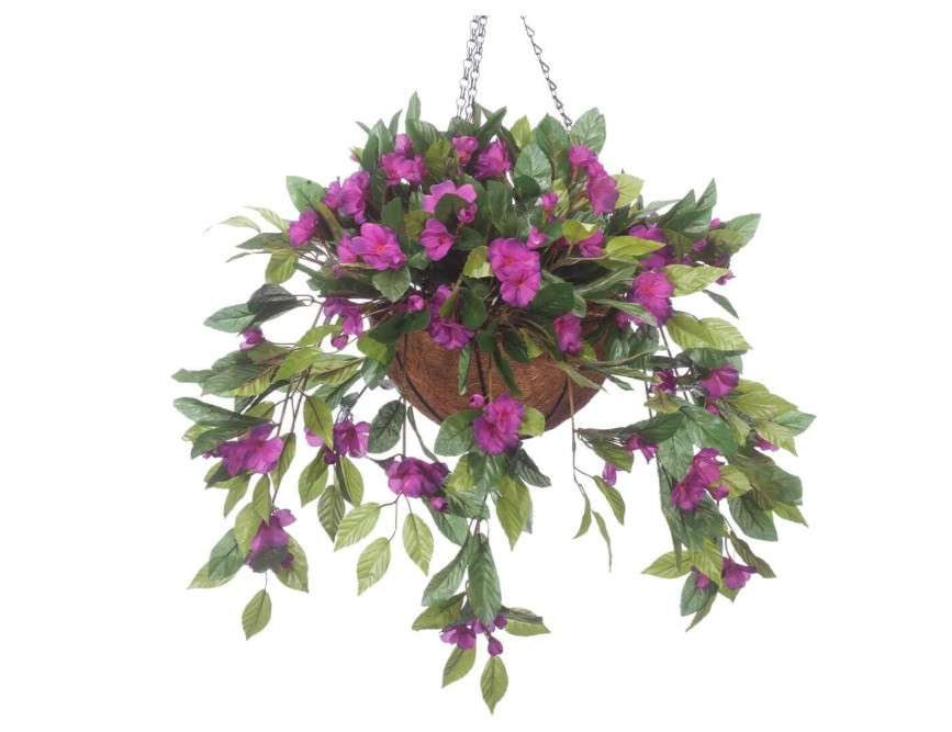  OakRidge Fully Assembled Impatiens Hanging Basket – Large Artificial Flower Outdoor or Indoor Decoration with Hook - Purple