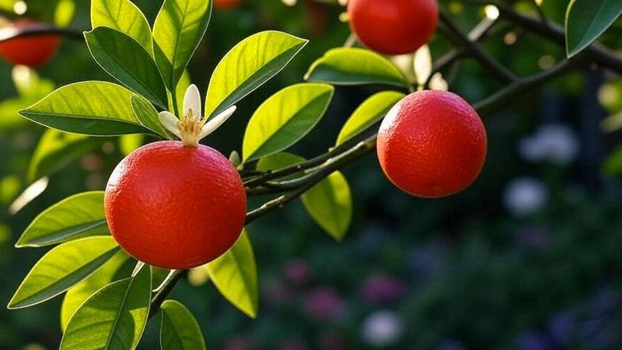 "Close-up of a blood orange tree branch with red fruit and white blossoms in sunlight
