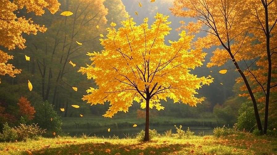 Vibrant yellow maple tree in autumn forest with falling leaves, showcasing natural seasonal changes. 