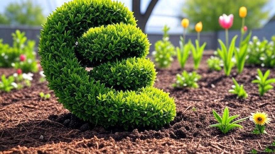 "Freshly planted spiral tree in a well-prepared garden bed with mulch and plants under sunny sky." 