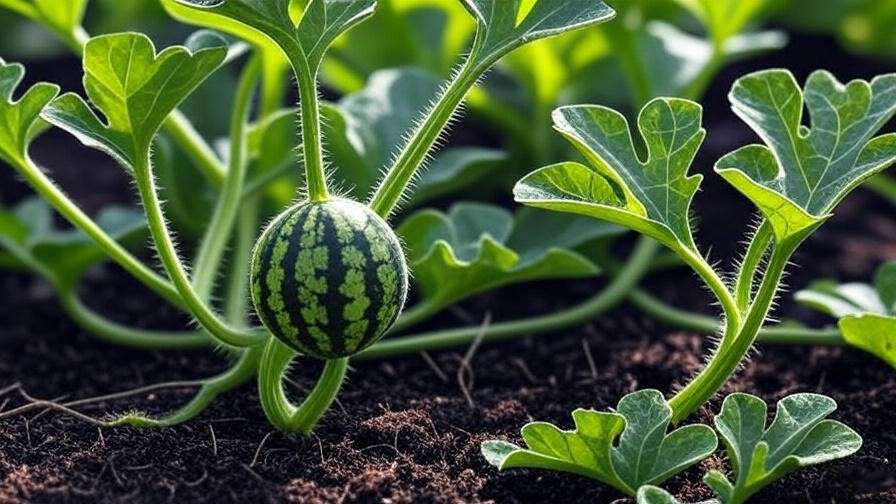 "Close-up of a Korea watermelon plant with striped fruit and green leaves in a sunny garden