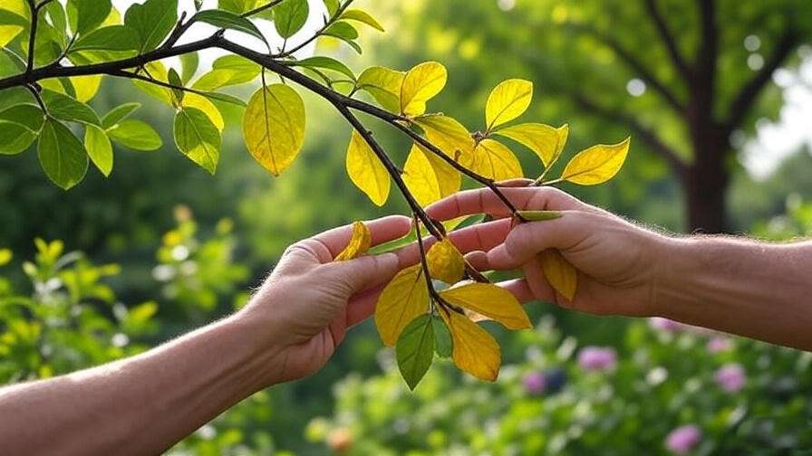 Gardener inspecting yellowing leaves on a tree branch in a garden, aiding tree diagnosis. 