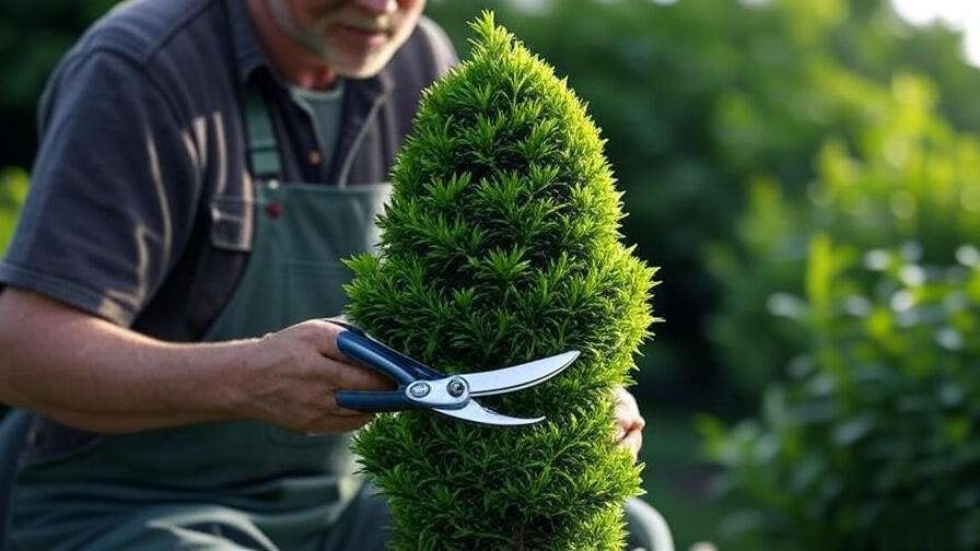 "Gardener shaping a young spiral tree with pruning shears and wire frame in a serene garden."
