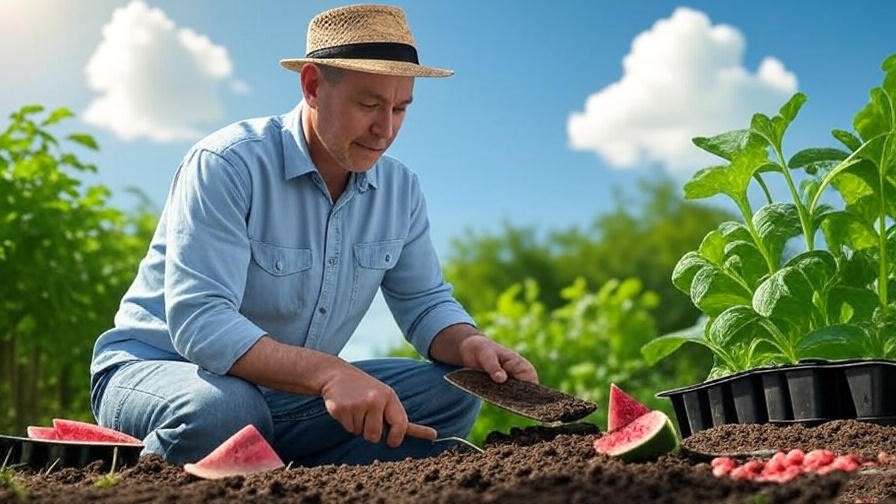 "Gardener preparing soil with compost and Korea watermelon seeds under a bright sky.