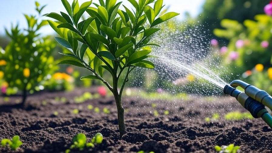 "Blood orange tree being watered with a hose in a bright garden" 