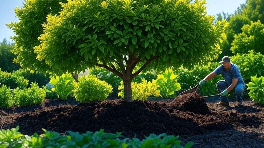 Gardener fertilizing a healthy tree with compost to address nutrient deficiencies in a garden. 