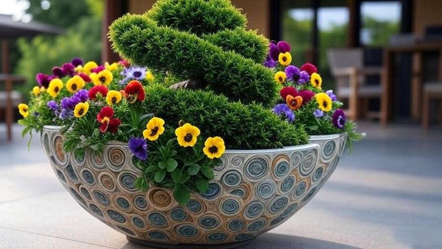  "Spiral tree in a decorative container with colorful annuals on a modern patio." 