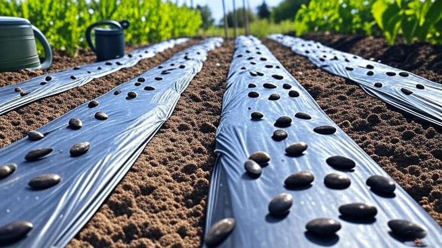 "Garden bed with Korea watermelon seeds and black plastic mulch under sunlight." 