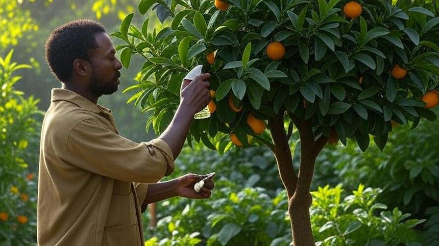  "Gardener applying neem oil to a blood orange tree with pest damage" 