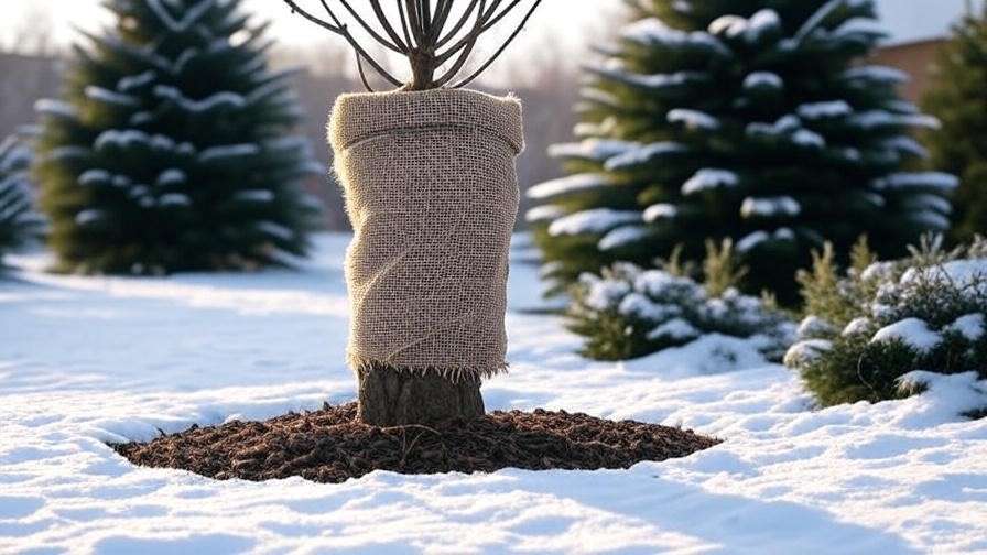  Young tree wrapped in burlap with mulch for winter protection in a snowy garden. 