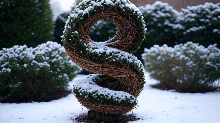 "Spiral tree wrapped in burlap with snow for winter protection in a garden." 