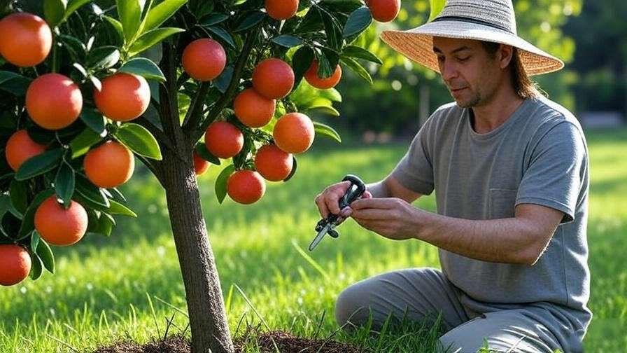  "Gardener thinning ripe blood oranges on a tree in a sunny garden" 