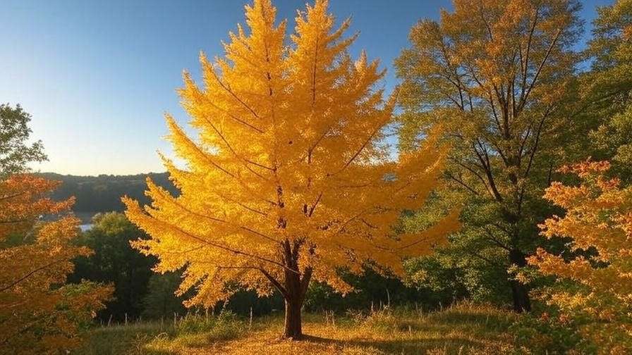 Ginkgo tree with vibrant yellow leaves in a scenic landscape, highlighting natural beauty. 