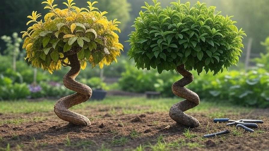 Spiral tree with pest damage next to a healthy tree with gardening tools in a garden.
