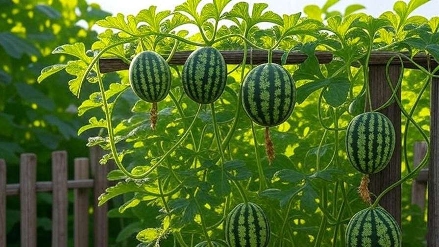 "Trellis with Korea watermelon fruits hanging in a lush garden." 