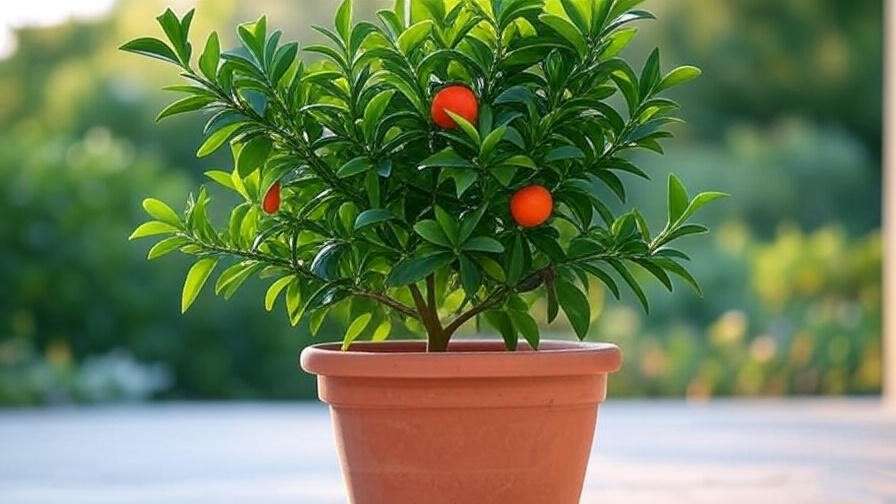 "Dwarf blood orange tree in a terracotta pot on a shaded patio" 