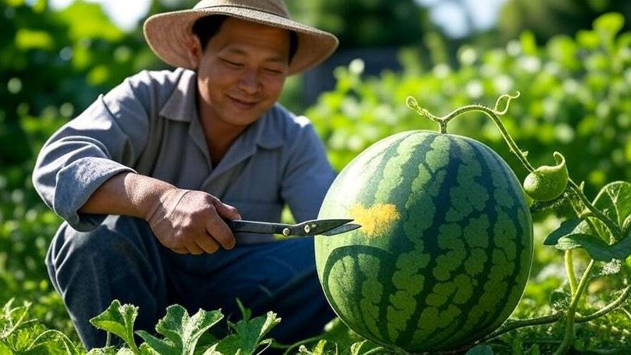 "Gardener harvesting ripe Korea watermelon with yellow ground spot." 