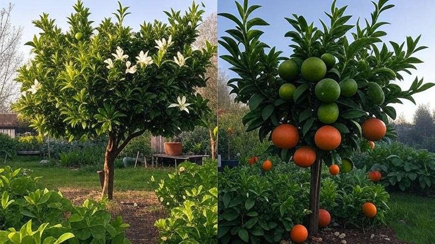  "Seasonal blood orange tree stages from spring to winter in a garden" 