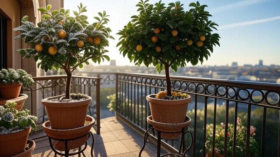 Potted fruit trees on a balcony with winter frost blankets and summer shade canopy."