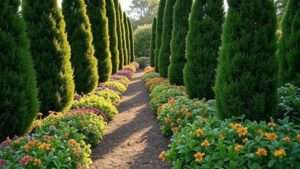 Garden path framed by Degroot’s Spire Arborvitae trees with groundcover plants".