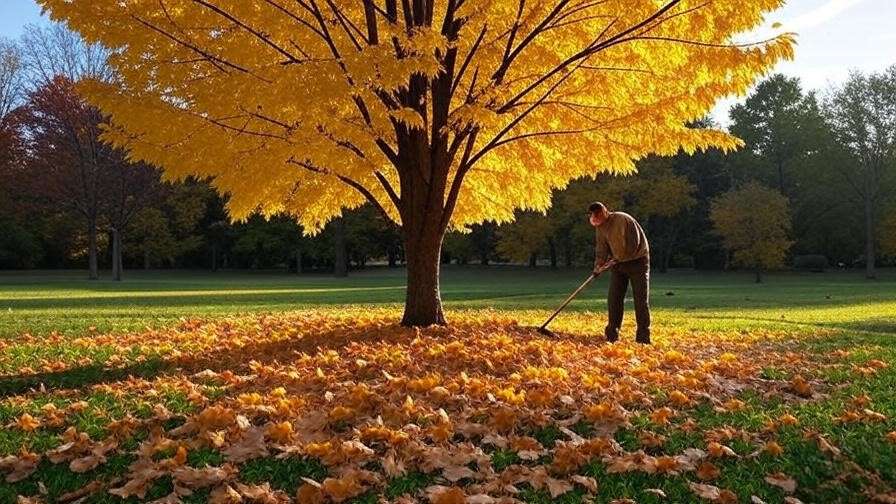 Gardener raking leaves around a locust tree in a colorful autumn landscape".