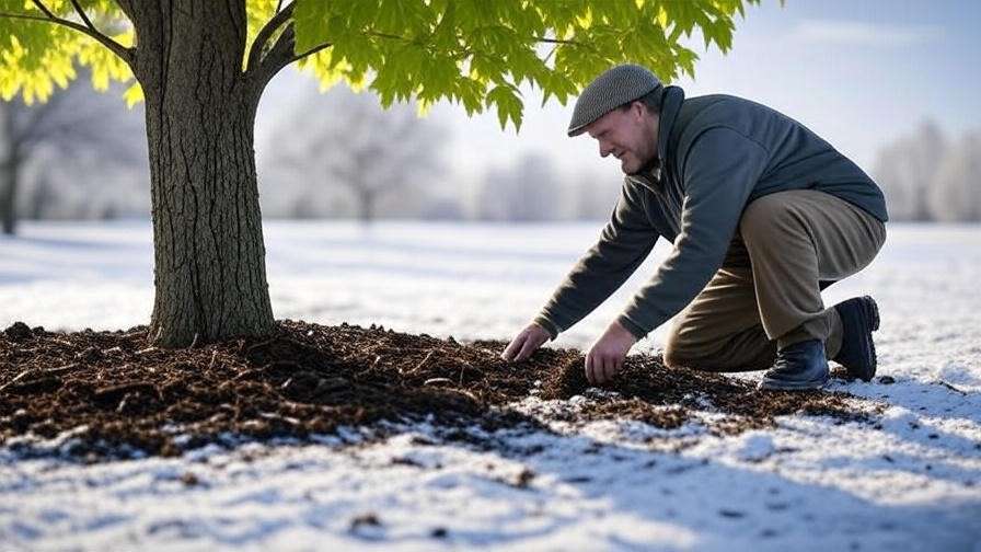 Gardener mulching maple tree base in early spring with snowy background."