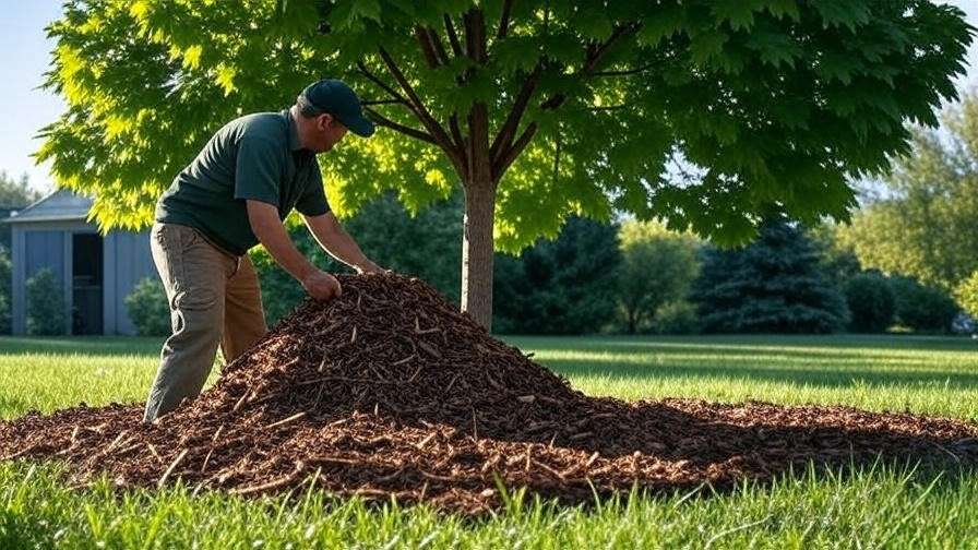Gardener mulching around maple tree base with wood chips