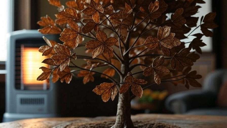 Money tree with brown crispy leaf edges near drafty window and heater.
