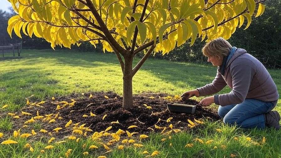 "Gardener troubleshooting a Belle of Georgia peach tree with yellowing leaves using a soil test kit and compost."
