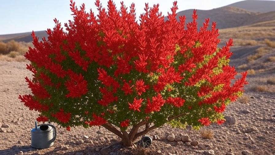 Close-up of Red Push Pistache tree with red and green foliage in a dry desert, watering can nearby.