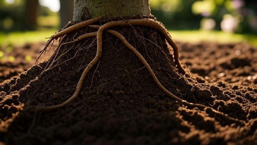 "Close-up of cherry tree with girdling roots, showing unhealthy root wrapping around trunk in a garden."