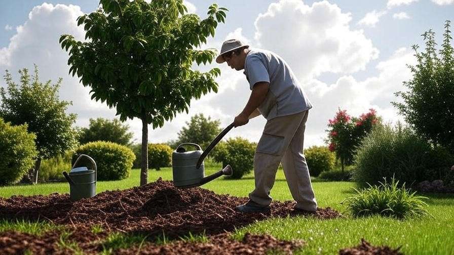 Gardener mulching cherry tree base with watering can in sunny garden