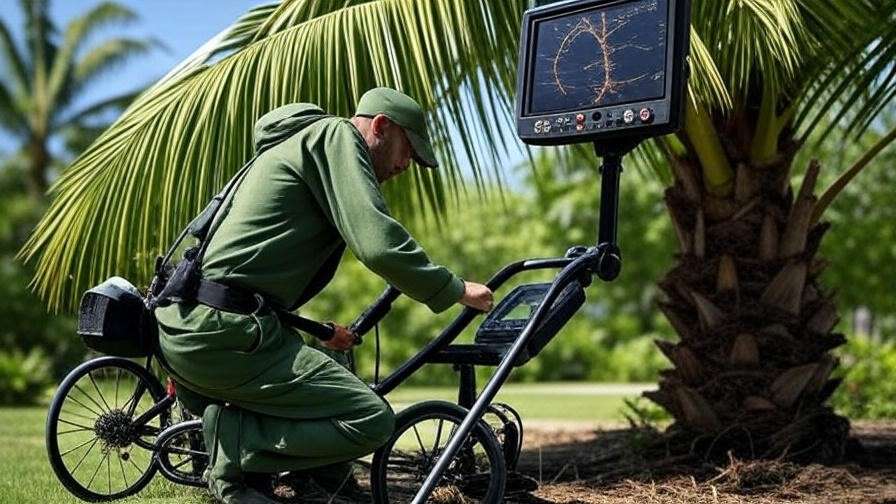 Arborist using radar to check a palm tree's healthy root system