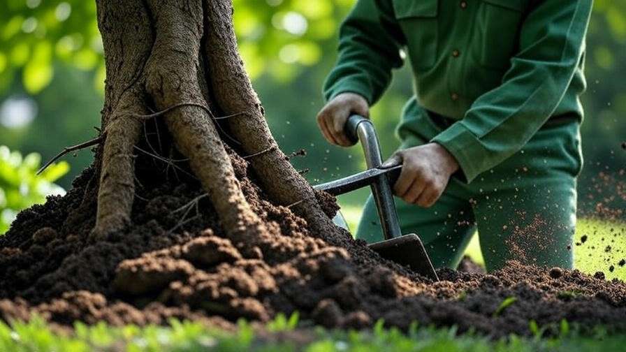 Arborist using air spade to aerate soil around sycamine tree roots".