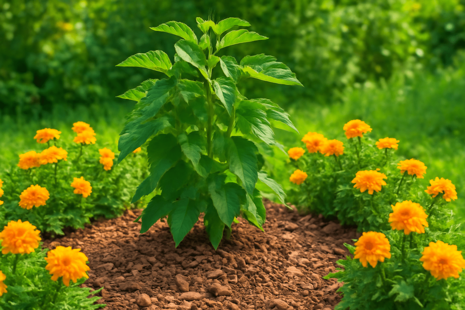 "Blackberry Ouachita tree with mulch and marigold companions in a vibrant garden."