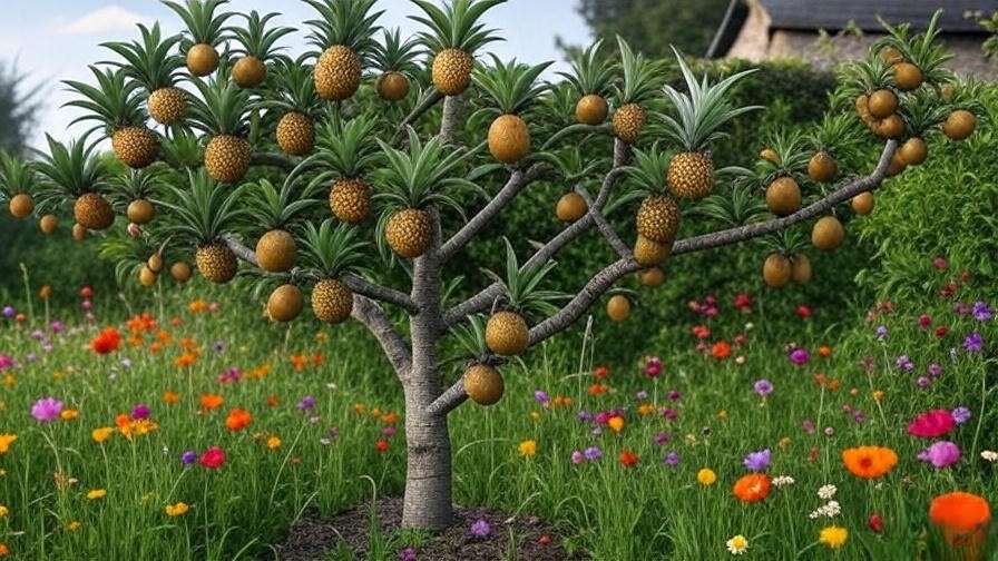 Espalier-trained pineapple pear tree with ripening fruit in a biodiverse garden."