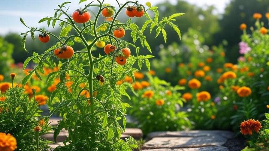 Thriving tree tomato tree with marigold companion plants and bees pollinating in a vibrant garden.
