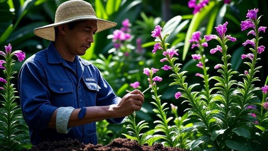Gardener hand-pollinating tumbo tree flowers in a sunny tropical garden.