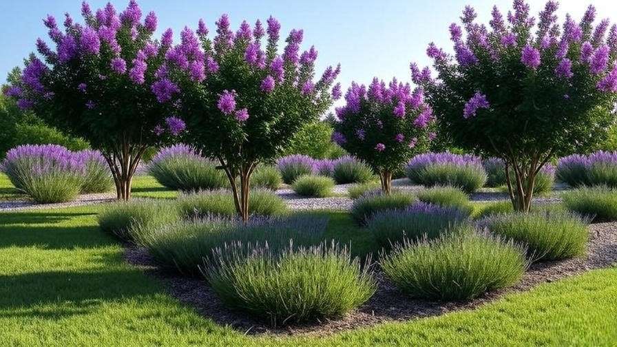 Landscape with lavender crape myrtle trees and lavender plants as a privacy screen."