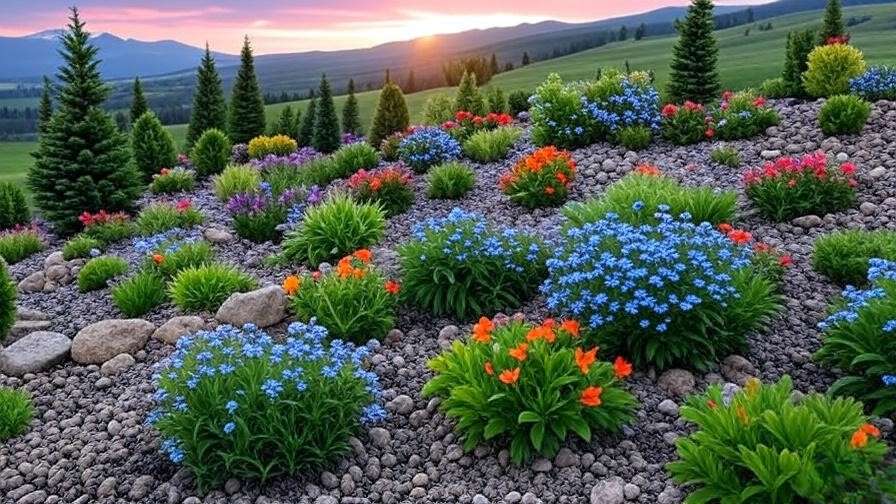 "Alpine garden with dwarf Alberta Spruce and perennials in rock garden design