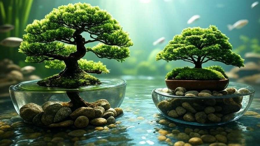 Aquarium bonsai tree with algae growth vs. clean bonsai comparison