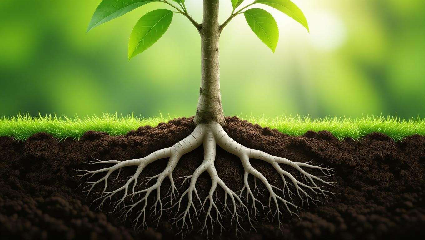 Healthy cherry tree root system in loamy soil with feeder roots and taproot."