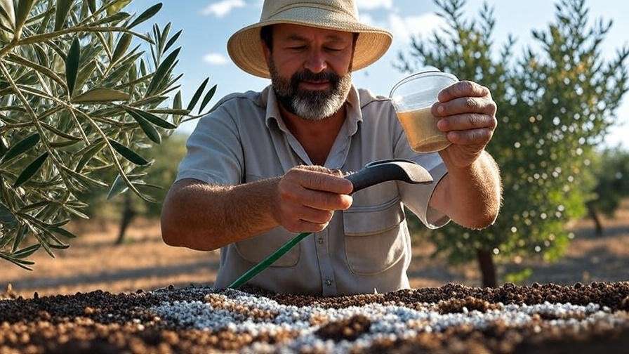"Gardener applying fertilizer to olive tree with measuring cup and spreader"