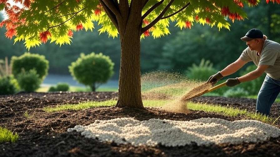 Gardener applying fertilizer around maple tree drip line"