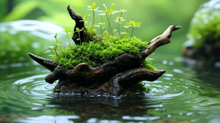 Close-up of driftwood with Java moss and Anubias for aquarium bonsai assembly.